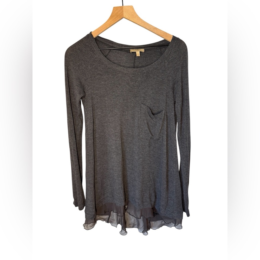 BORDEAUX Anthropologie Heather Gray Long Sleeve Flutter Hem Slub Top Sz S